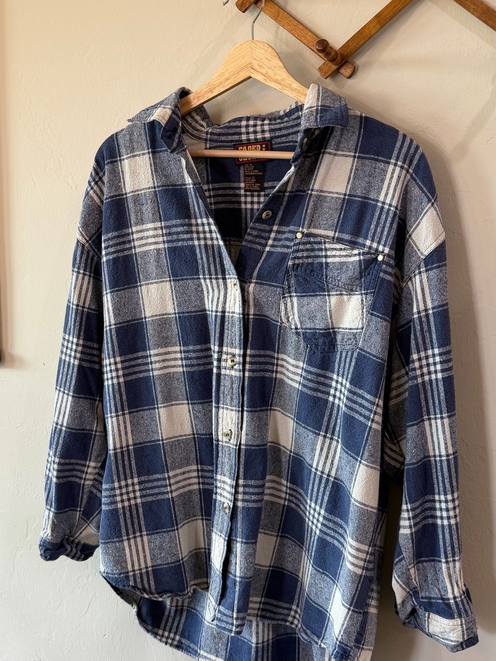 100% silk Faded Glory Navy & White Plaid Button-Down Shirt